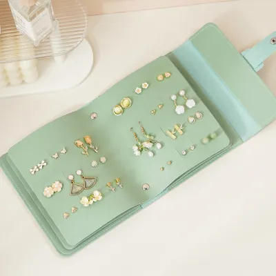 Women Simple Solid Color Portable Leather Ring Earrings Jewelry Storage Bag with 4 Layers