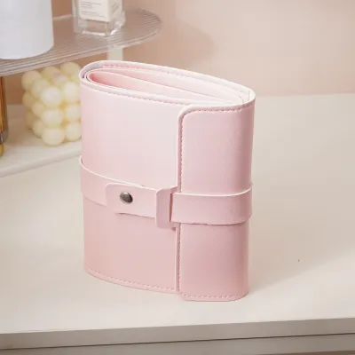 Women Simple Solid Color Portable Leather Ring Earrings Jewelry Storage Bag with 4 Layers