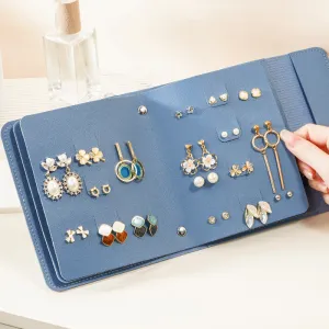 Women Simple Solid Color Portable Leather Ring Earrings Jewelry Storage Bag with 4 Layers