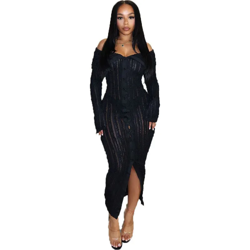 Women Elegant One-Character Collar Sexy Hip Skirt Wavy Long-Sleeved Dress