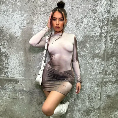 Women Crewneck Long Sleeve Tie-Dye Printed Bodycon Mini Dress