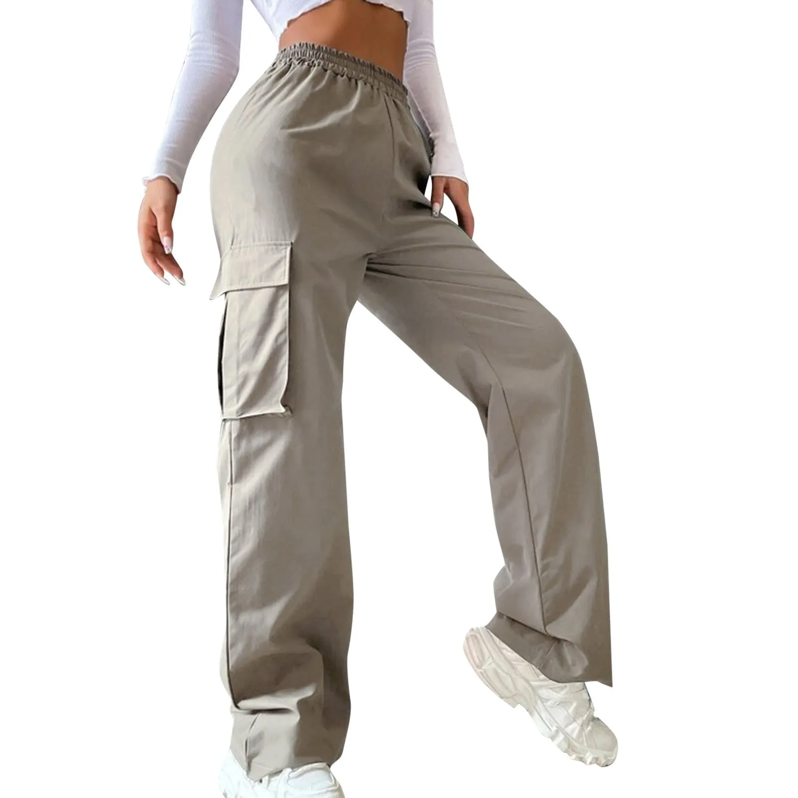 Wholesale Women Loose Casual Solid Color High Waist Cargo Pants
