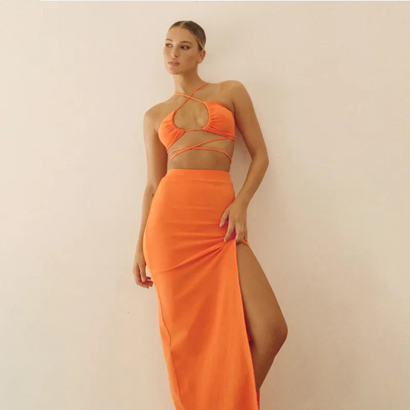 Women Sexy Hollow Halter Neck Tanks Split Skirt Two-Piece Set