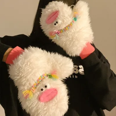 Cute Funny Ugly Doll Design Plush Mittens Women Winter Warm Fleece-Lined Gloves