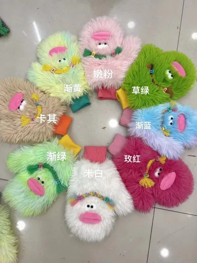 Cute Funny Ugly Doll Design Plush Mittens Women Winter Warm Fleece-Lined Gloves