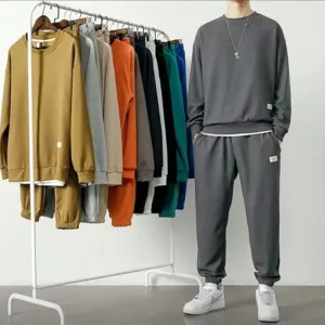 Men's Autumn Winter Plus Size Casual Sweatshirt and Jogger Set - Waffle Long Sleeve Round Neck Top
