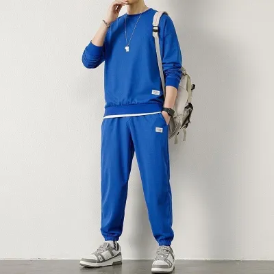Men's Autumn Winter Plus Size Casual Sweatshirt and Jogger Set - Waffle Long Sleeve Round Neck Top