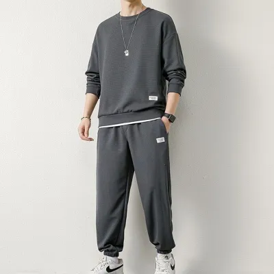 Men's Autumn Winter Plus Size Casual Sweatshirt and Jogger Set - Waffle Long Sleeve Round Neck Top