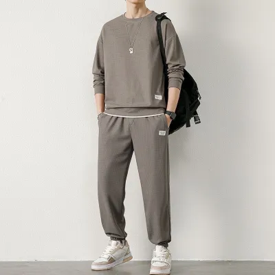 Men's Autumn Winter Plus Size Casual Sweatshirt and Jogger Set - Waffle Long Sleeve Round Neck Top