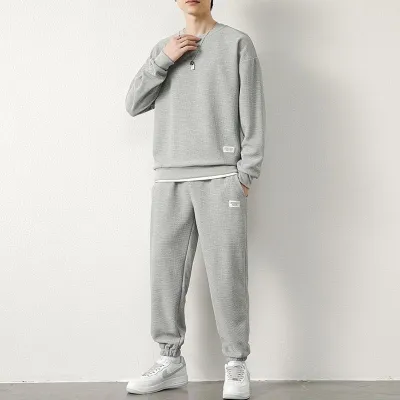 Men's Autumn Winter Plus Size Casual Sweatshirt and Jogger Set - Waffle Long Sleeve Round Neck Top