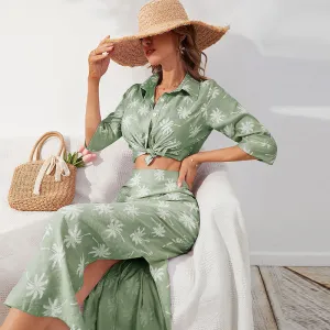 Women Fashion Casual Floral Print Shirt Top Split Skirt Two-Piece Set