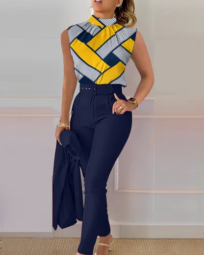 Women Casual Geometric Floral Printed Tanks Pants Two-Piece Set