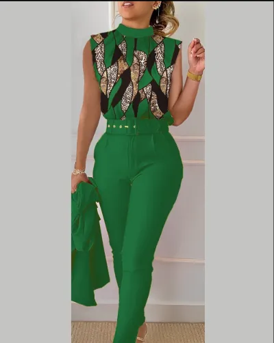 Women Casual Geometric Floral Printed Tanks Pants Two-Piece Set
