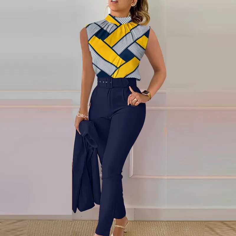 Women Casual Geometric Floral Printed Tanks Pants Two-Piece Set