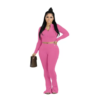Women Fashion Solid Color Cropped Top Pants Two-Piece Set