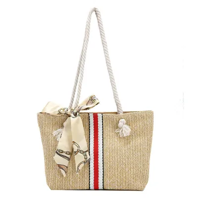 Women's Fashion Casual Straw-Like Large Capacity Shoulder Bag with Scarf Design