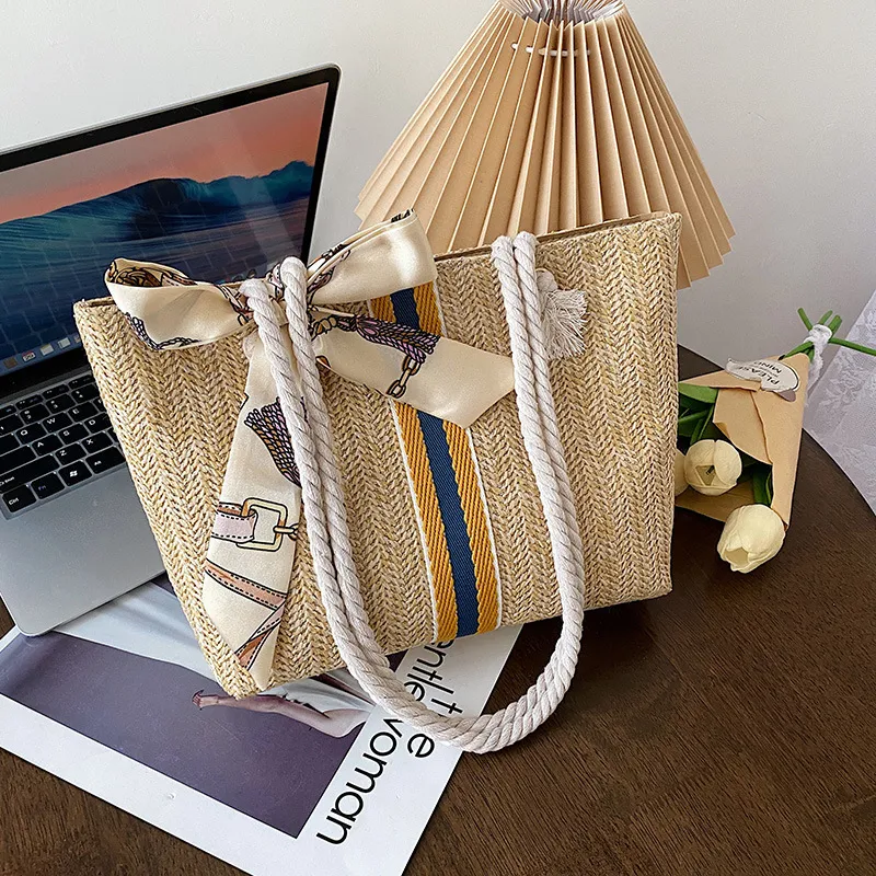 Women's Fashion Casual Straw-Like Large Capacity Shoulder Bag with Scarf Design