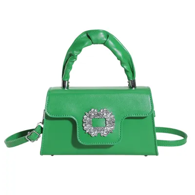 Women Fashion Solid Color Rhinestone Square PU Shoulder Bag Soft Street Trend