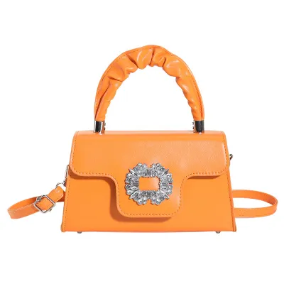 Women Fashion Solid Color Rhinestone Square PU Shoulder Bag Soft Street Trend