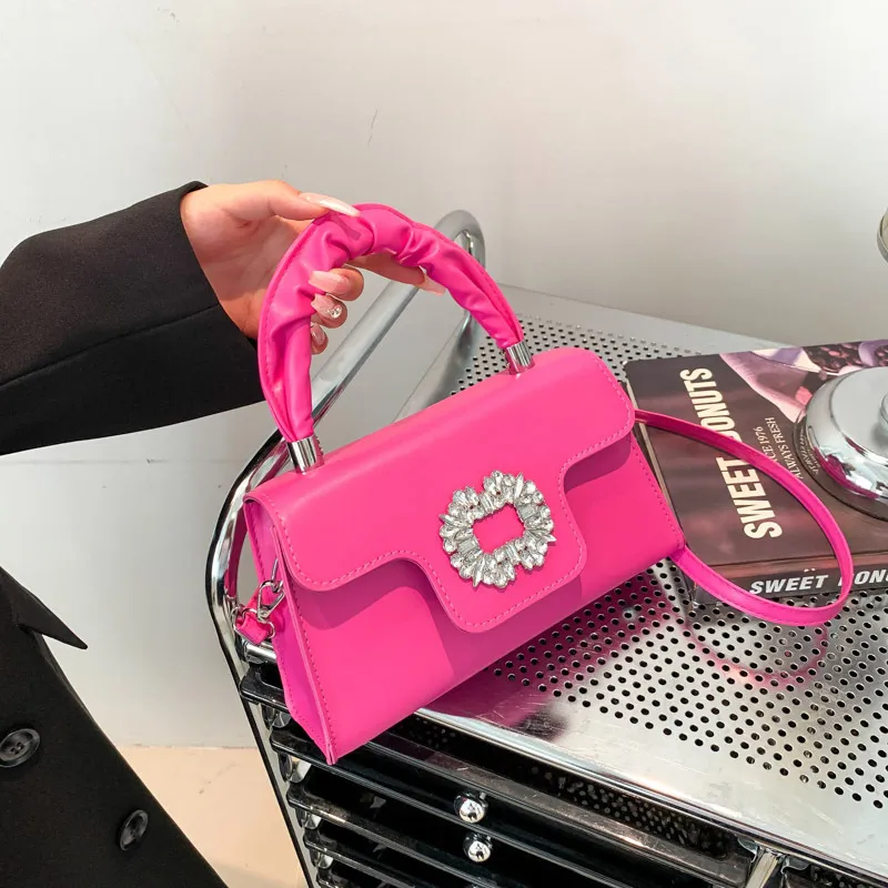 Women Fashion Solid Color Rhinestone Square PU Shoulder Bag Soft Street Trend