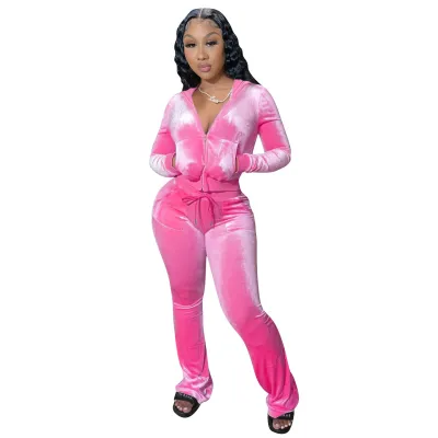 Women's Velvet Hooded Top and Pants Set - Solid Color Urban Wind Style