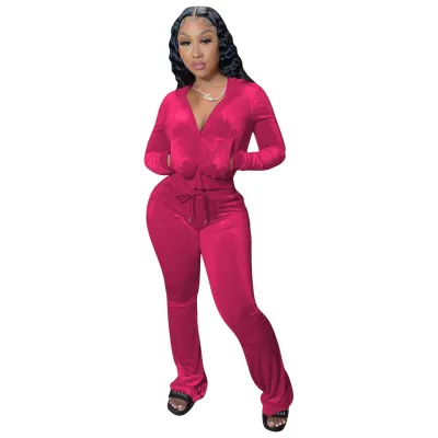 Women's Velvet Hooded Top and Pants Set - Solid Color Urban Wind Style