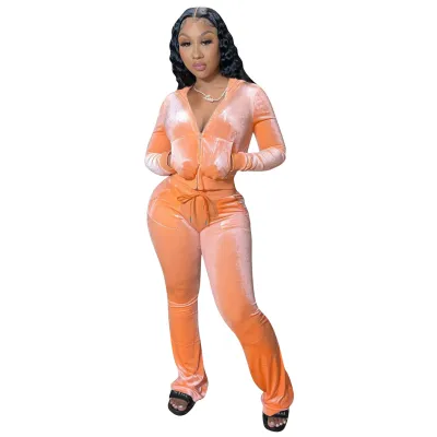 Women's Velvet Hooded Top and Pants Set - Solid Color Urban Wind Style