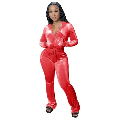 Women's Velvet Hooded Top and Pants Set - Solid Color Urban Wind Style