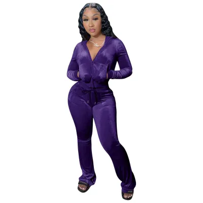 Women's Velvet Hooded Top and Pants Set - Solid Color Urban Wind Style