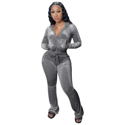 Women's Velvet Hooded Top and Pants Set - Solid Color Urban Wind Style