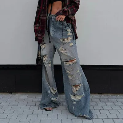 Street Women Fashion Ripped Loose Straight Jeans