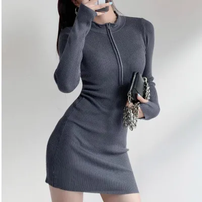 Women Fashion Solid Color Zipper Long Sleeve Knitted Tight Dress