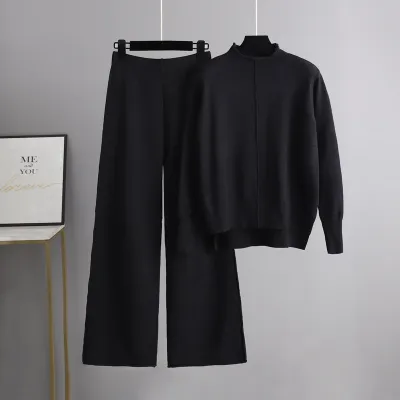 Autumn Winter Women Casual Solid Color Knitted Sweater Pants Two-Piece Set