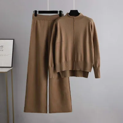 Autumn Winter Women Casual Solid Color Knitted Sweater Pants Two-Piece Set