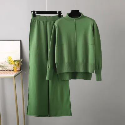 Autumn Winter Women Casual Solid Color Knitted Sweater Pants Two-Piece Set