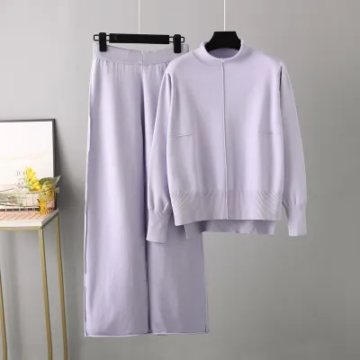 Autumn Winter Women Casual Solid Color Knitted Sweater Pants Two-Piece Set