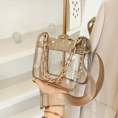 Women Fashion Transparent Clear PVC Rhinestone Chain Square Shoulder Bag