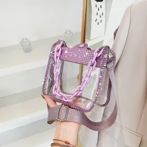 Women Fashion Transparent Clear PVC Rhinestone Chain Square Shoulder Bag