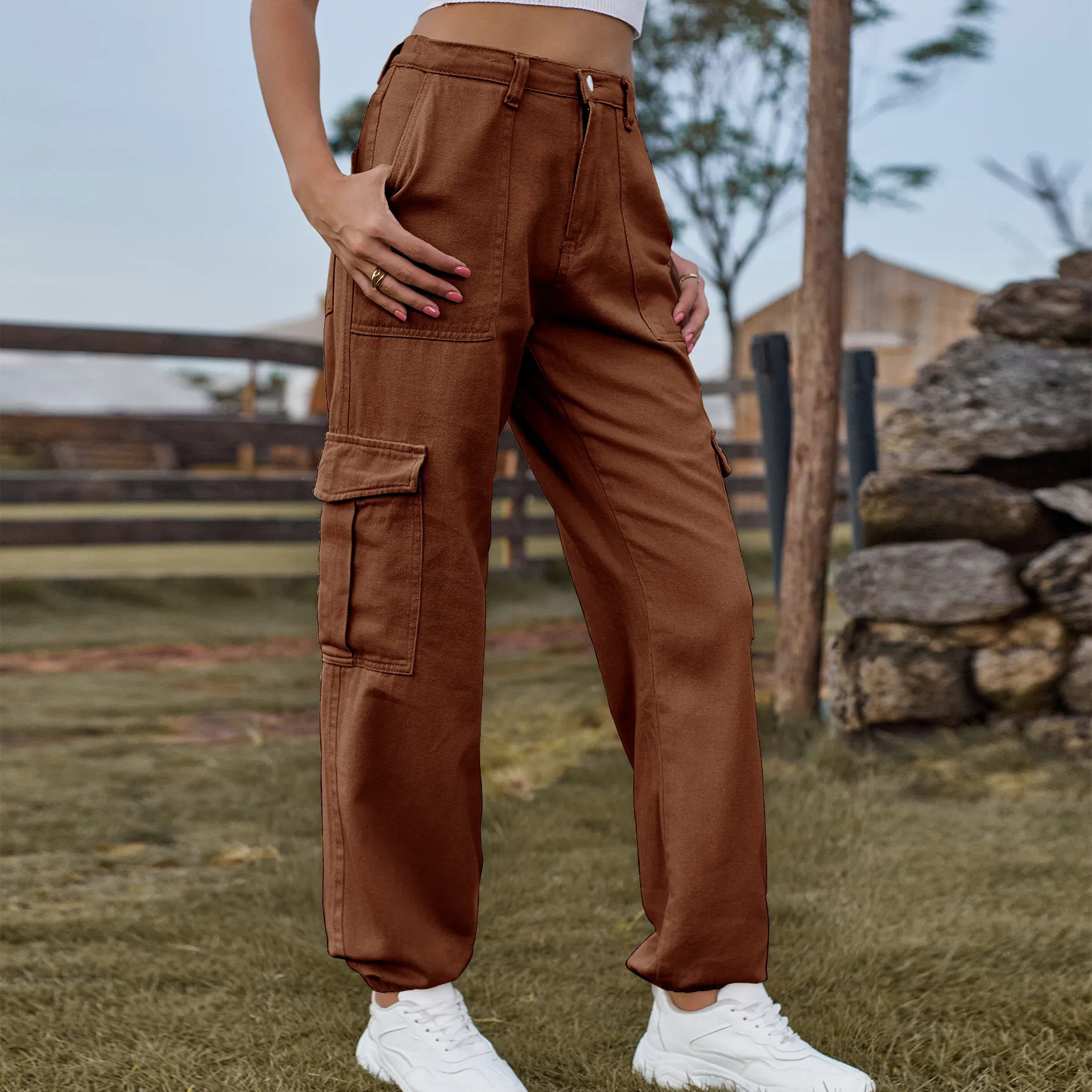 Womens High Waist Cargo Pants Slim Fit Casual Jogger Trousers with