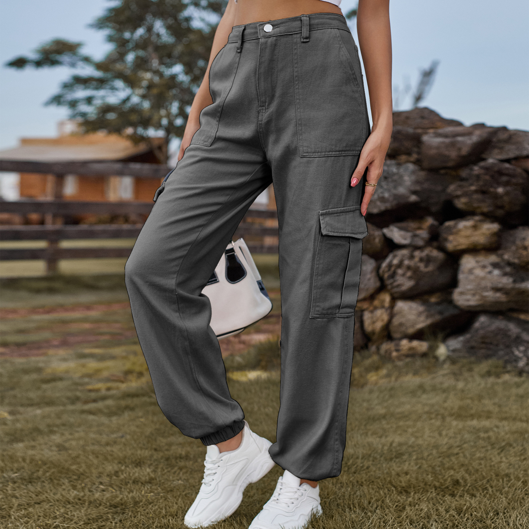 Wholesale Women Fashion Casual High Waist Denim Cargo Pants