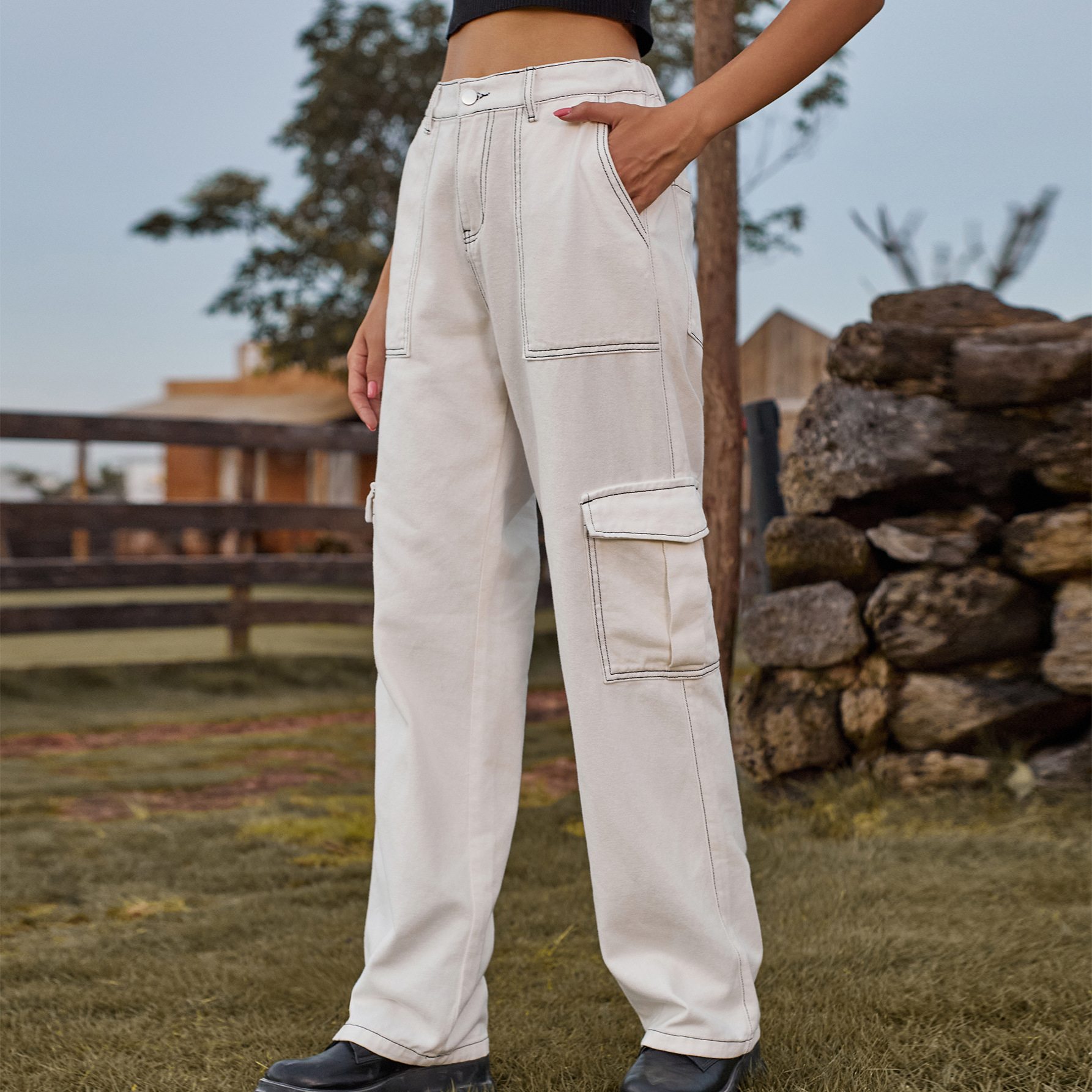 Wholesale Women Fashion Casual High Waist Denim Cargo Pants Wholesale Women Fashion Casual High Waist Denim Cargo Pants