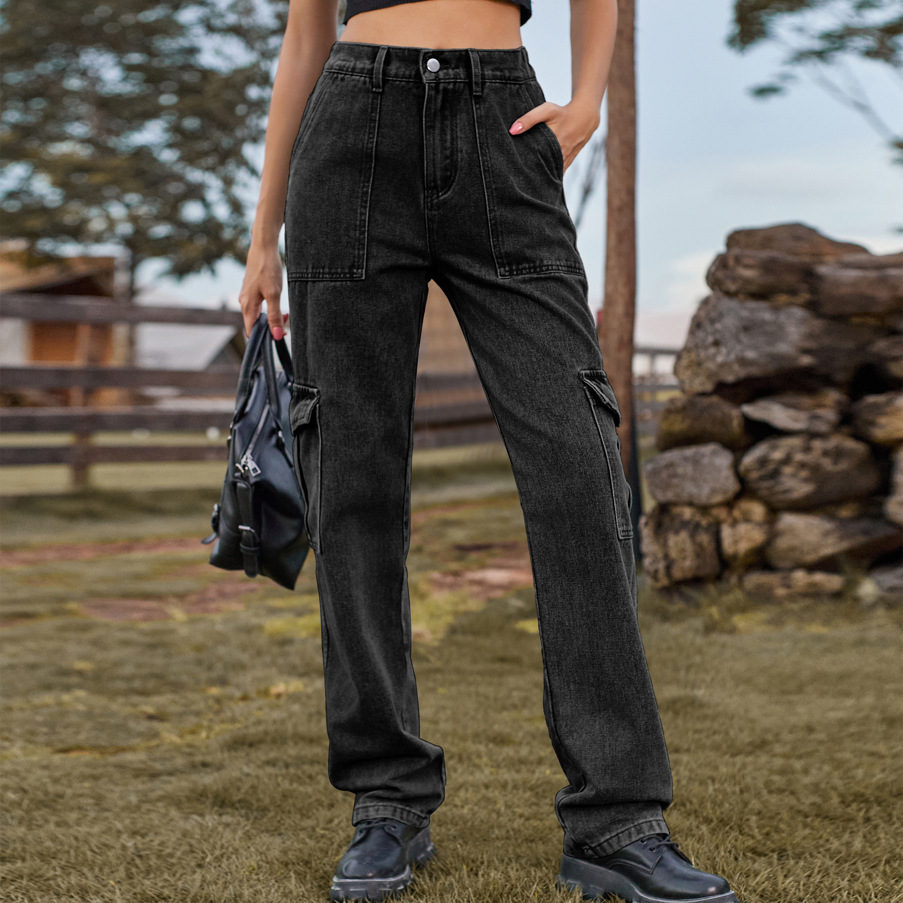 Wholesale Women Fashion Casual High Waist Denim Cargo Pants