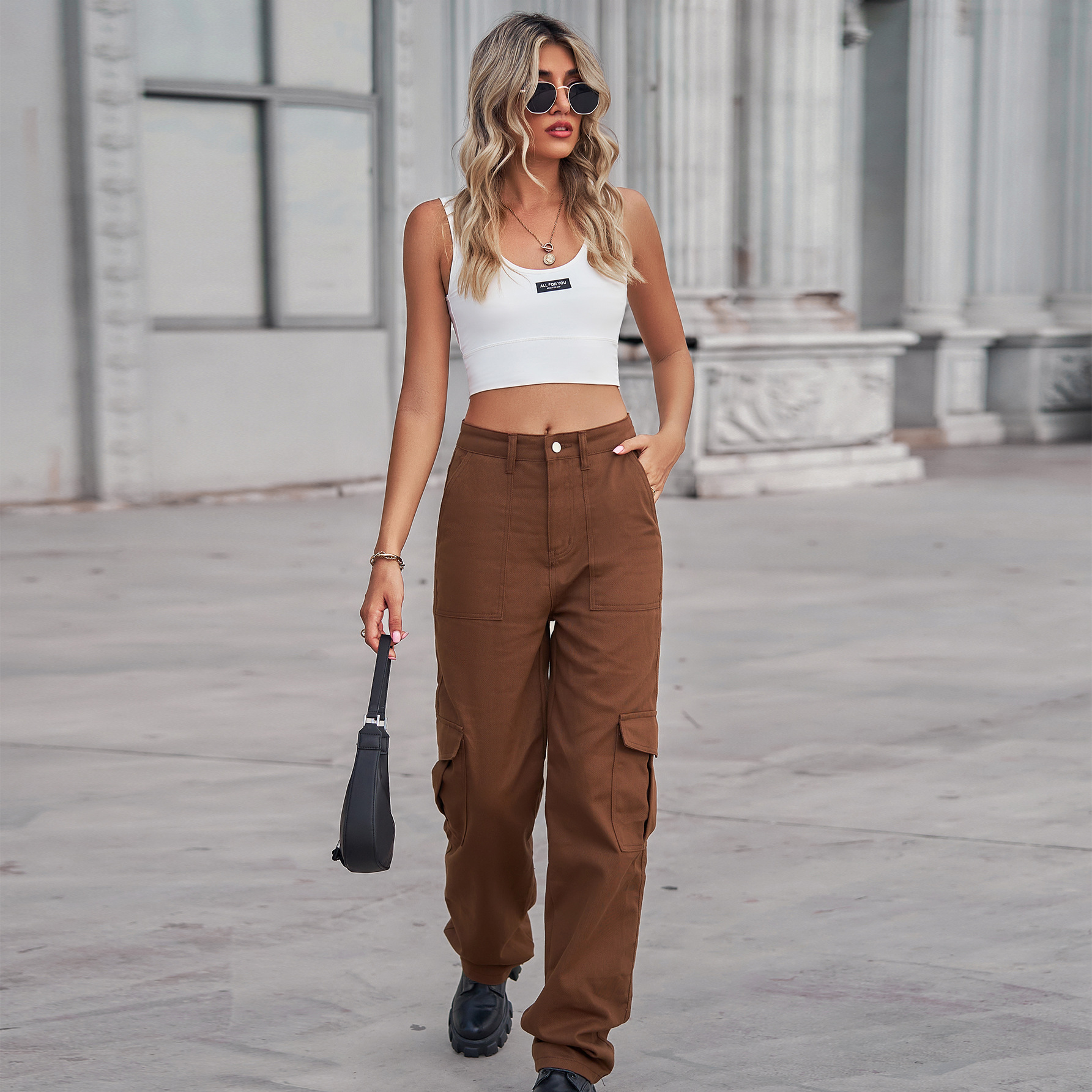 Wholesale Women Fashion Casual High Waist Denim Cargo Pants