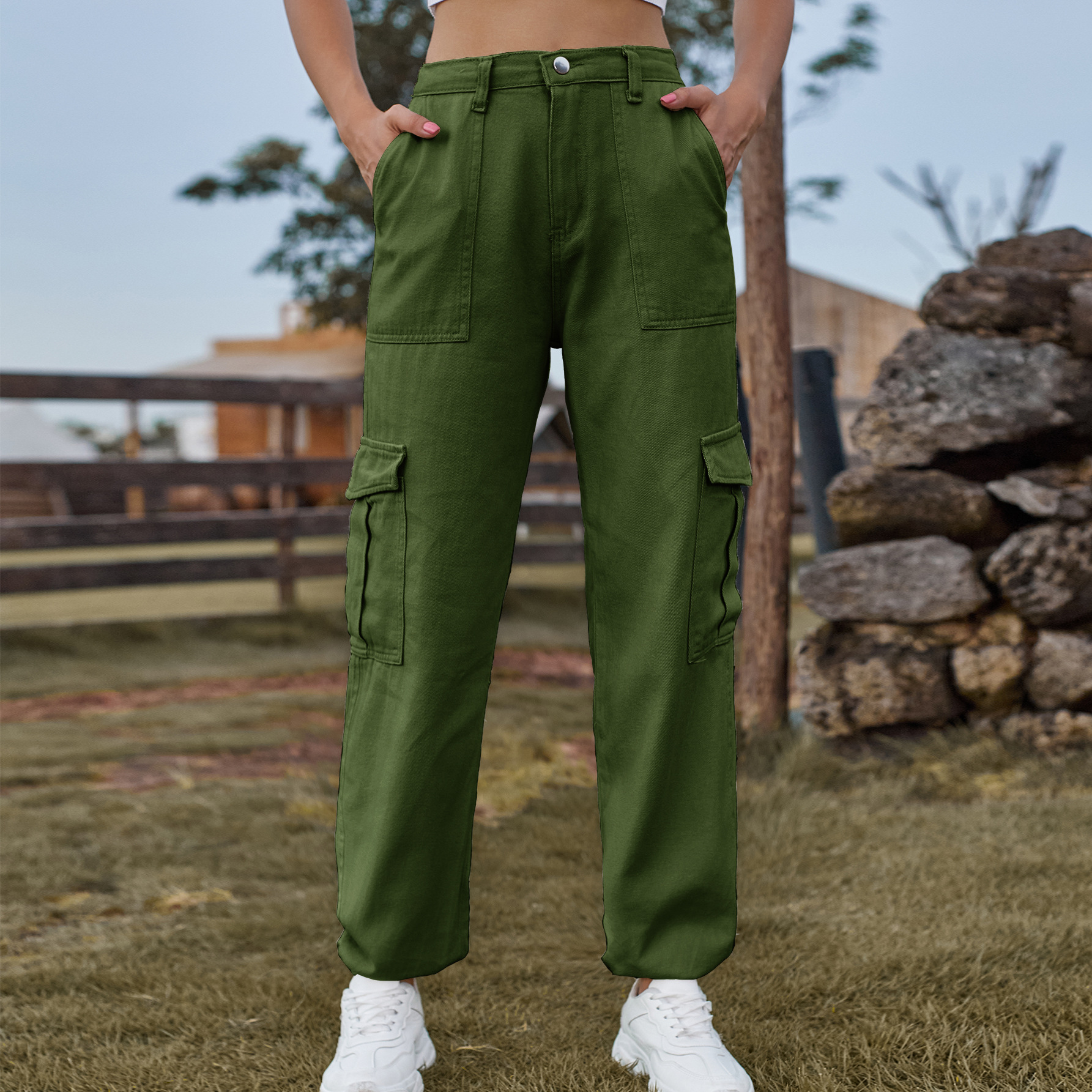 Wholesale Women Fashion Casual High Waist Denim Cargo Pants