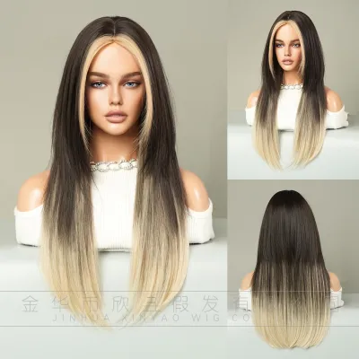 Women Fashion Gradient Long Straight High Temperature Wire Wig Breathable Middle Part