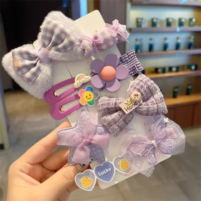 Kids Girls Cute Sweet Floral Bow Cartoon Bunny Plush Hairpin Sets Children Hairpin Suit