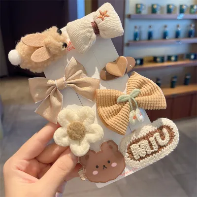 Kids Girls Cute Sweet Floral Bow Cartoon Bunny Plush Hairpin Sets Children Hairpin Suit