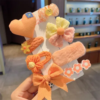 Kids Girls Cute Sweet Floral Bow Cartoon Bunny Plush Hairpin Sets Children Hairpin Suit