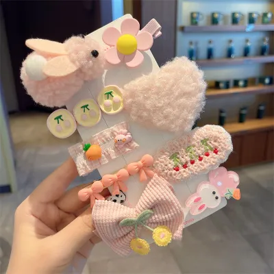 Kids Girls Cute Sweet Floral Bow Cartoon Bunny Plush Hairpin Sets Children Hairpin Suit