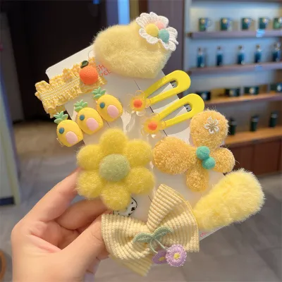 Kids Girls Cute Sweet Floral Bow Cartoon Bunny Plush Hairpin Sets Children Hairpin Suit